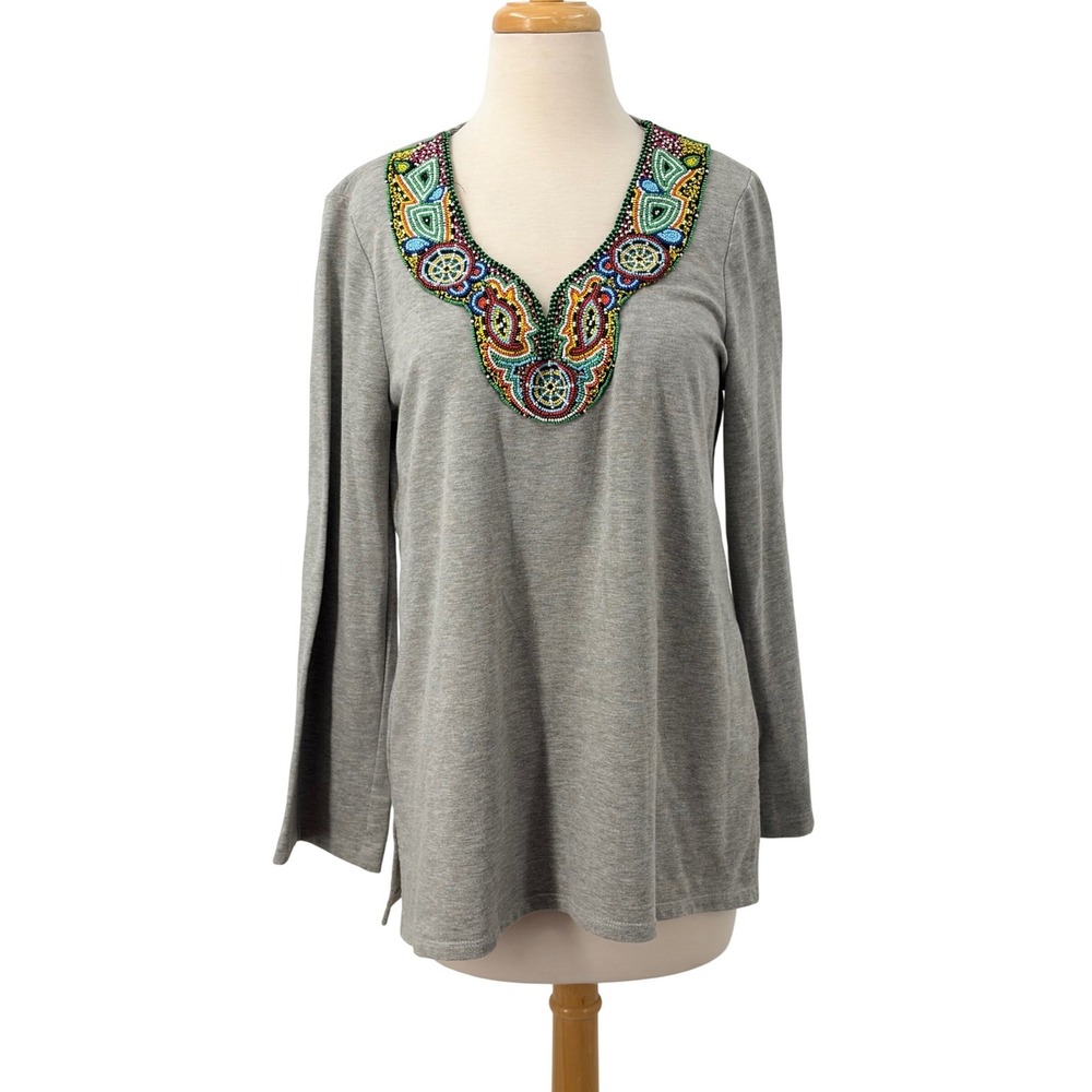 Soft Surroundings Womens Gray Beaded Neckline Long Sleeve Tunic Top Size M